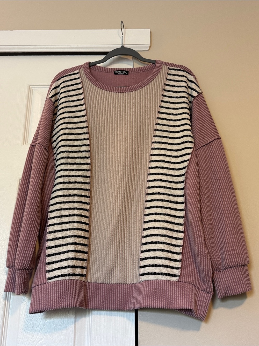 HEIMISH USA Dusty Rose and Cream Striped Panel Knit Sweater